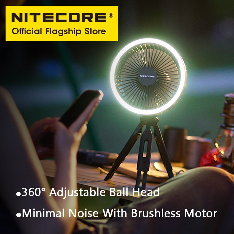 NITECORE NEF10 3-in-1 캠핑 전기 팬 USB-C 충전식 천장 팬 10000mAh 보조베터리 LED 링 라이트 조절 삼각대