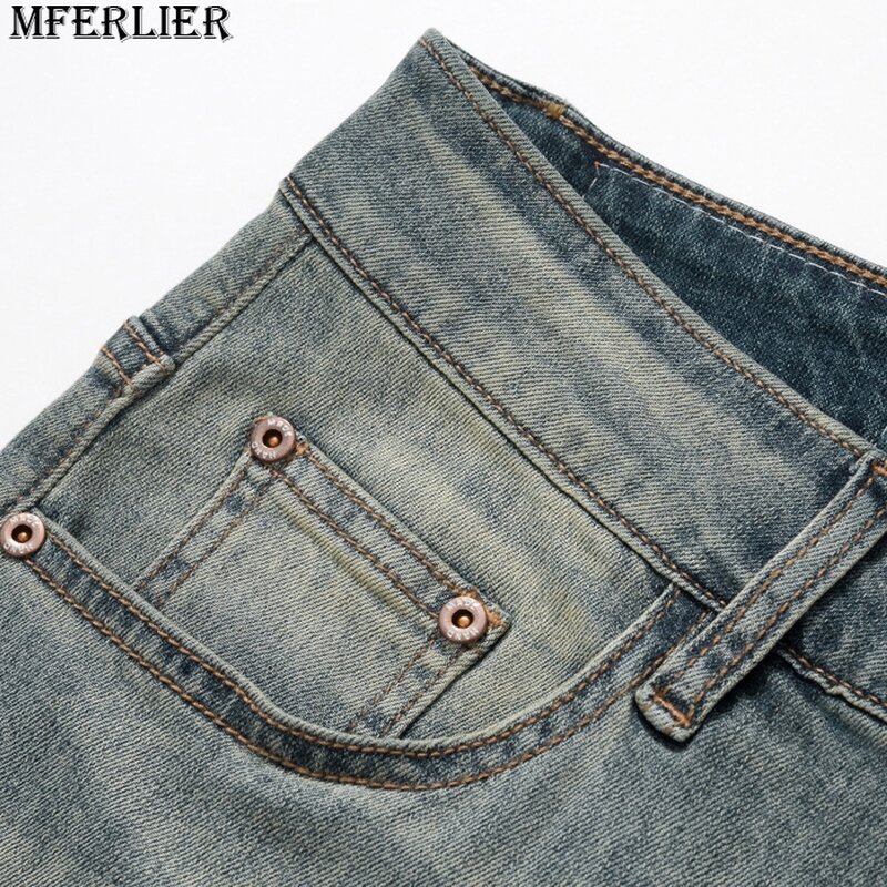 Мужские Винтажные джинсовые брюки, темно-синие однотонные прямые брюки большого размера