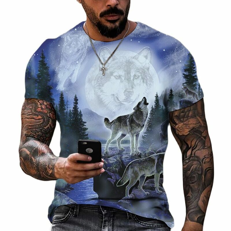 Camiseta de lobo de manga curta masculina, top 3D com estampa animal, camiseta casual de rua, roupas vintage, 2022