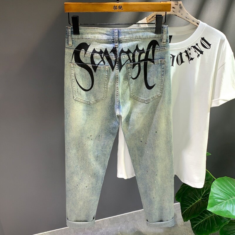 Модные мужские брюки в стиле Хай-стрит, износостойкие облегающие прямые джинсы в стиле ретро с принтом букв в стиле хип-хоп