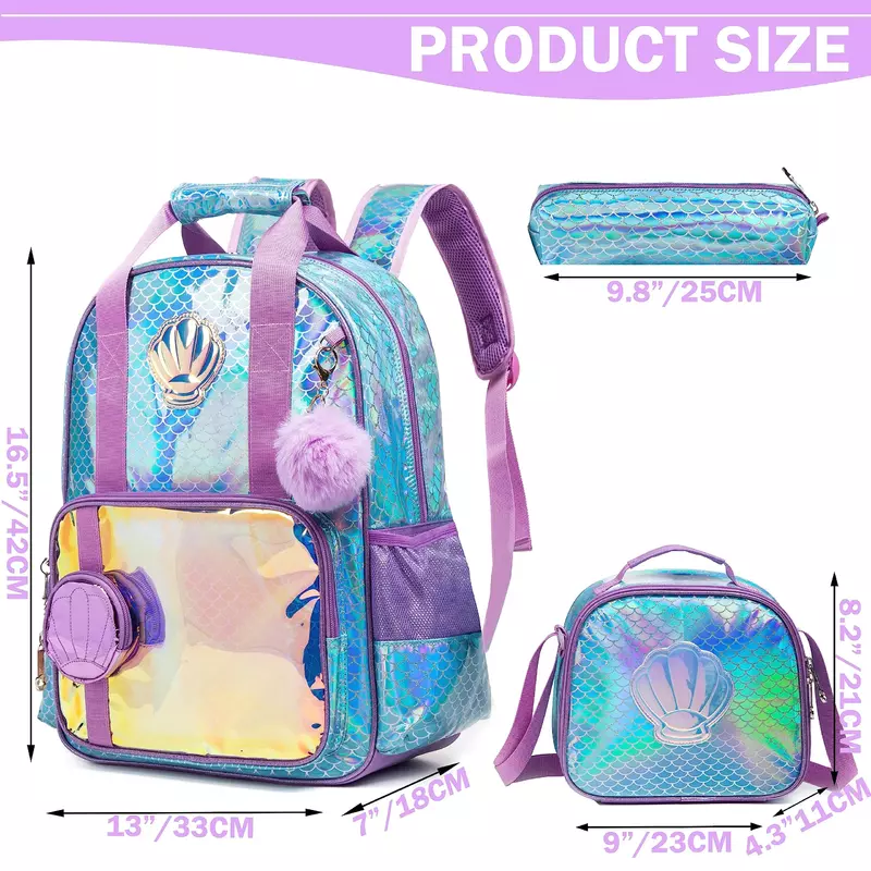 BIKAB Backpack for Girls rainbow and star School Bag with Lunch Box Set for Kindergarten Glitter Sequin Bookbag for Girls