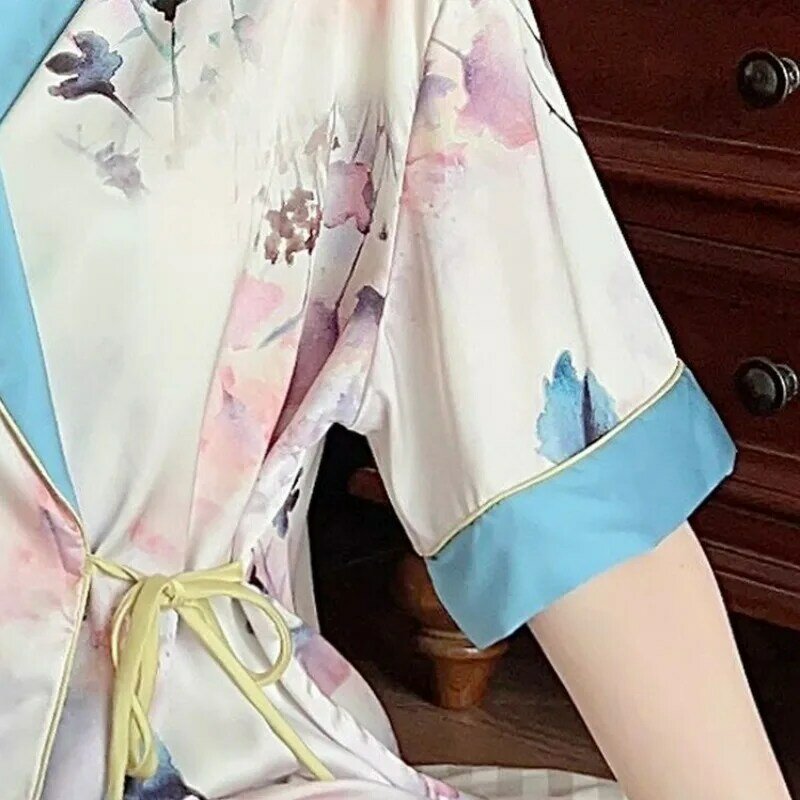 Pijama de seda de gelo de alto grau feminino, calça de manga curta, roupa fina, corante, casual com decote em v, terno glamoroso