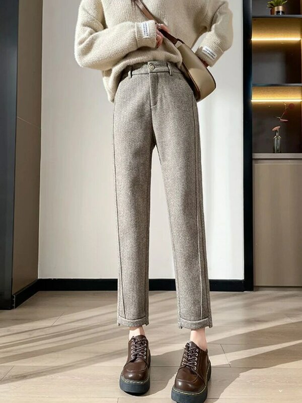 Calça reta de Tweed de cintura alta feminina, solta, casual, espinha de arenque, quente, engrossada, recortada, novo, outono, inverno, 2022