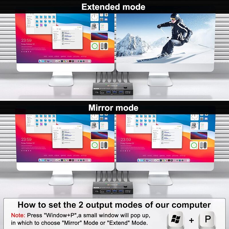Przełącznik KVM MST Displayport 2 monitory 2 komputery 4K przy 144 Hz (1 wejście DP, wyjście DP + HDMI), kabel z podwójnym monitorem KVM Displayport 1.4