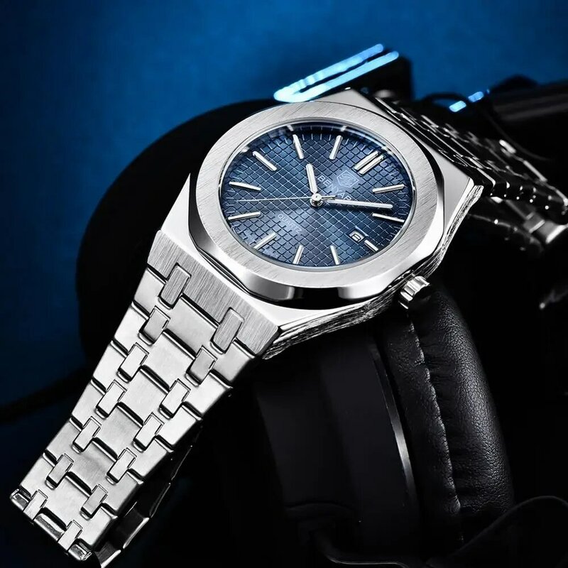 Benyar-reloj analógico de acero inoxidable para hombre, accesorio de pulsera de cuarzo resistente al agua con calendario, complemento Masculino de marca de lujo con esfera azul, perfecto para negocios