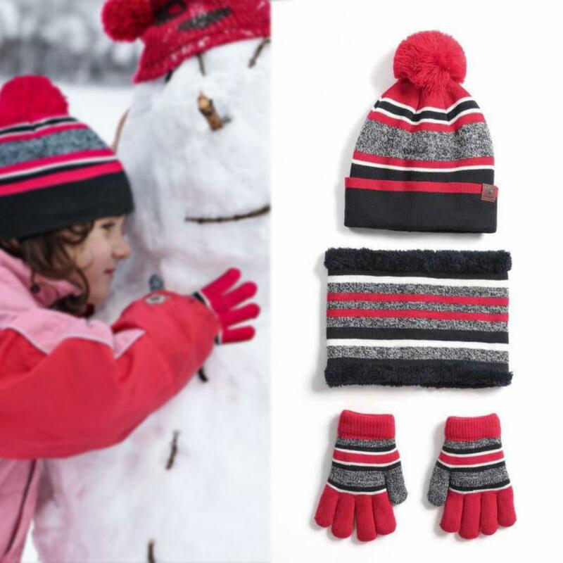 1 Set Kids Cap Scarf Gloves  Fashionable   Knitting Hat Scarf Gloves Autumn Winter Stripe Knit Cap Scarf Gloves