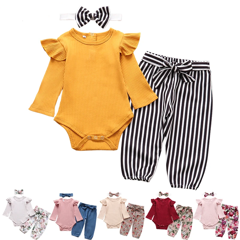 Set pakaian 3 potong untuk bayi perempuan, baju monyet lengan panjang + celana bunga + ikat kepala simpul kupu-kupu, Set pakaian musim gugur untuk bayi perempuan baru lahir