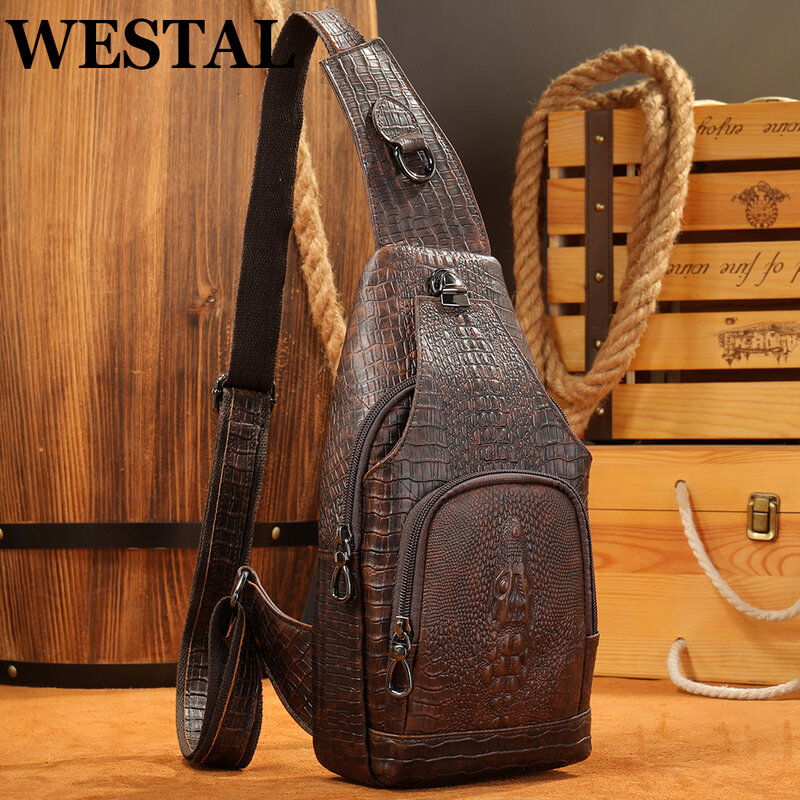 WESTAL – sac à bandoulière en cuir véritable Anti-vol, poche personnelle, sac à bandoulière pour voyage, randonnée, sacs Design Croco