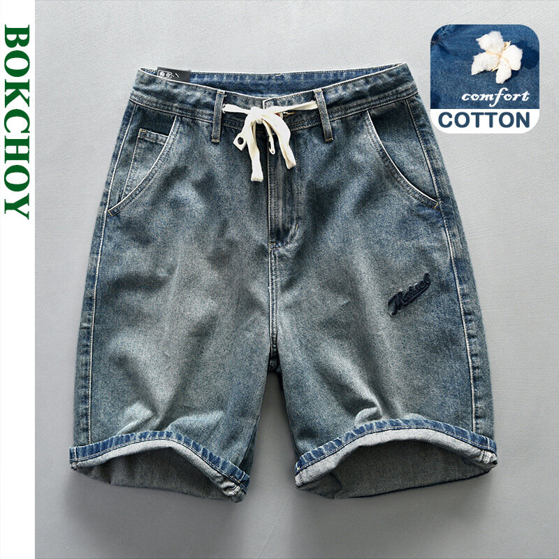 2024 Summer New Casual Embroidery Denim Shorts Men Clothing Loose Washed Soft Cotton Knee Length Men Pants AG7148