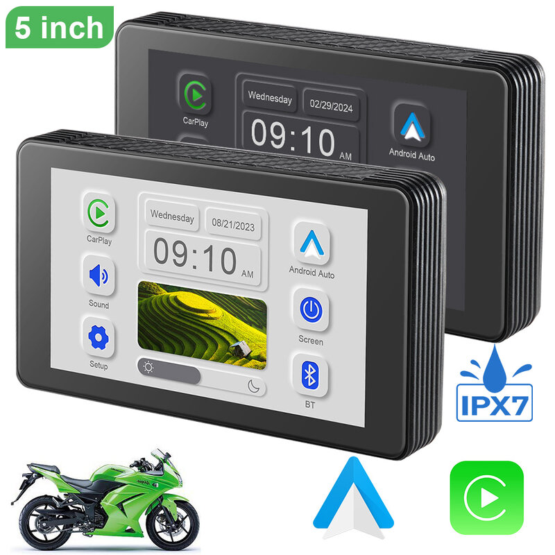 Navegador de motocicleta portátil, CarPlay sem fio, Android Auto, Bluetooth, IPX7 impermeável, tela IPS HD, 5"