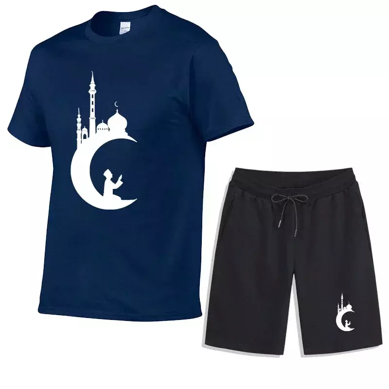 Terno esportivo estilo muçulmano masculino, conjunto de camiseta confortável, calça curta, manga curta, streetwear respirável na moda, verão
