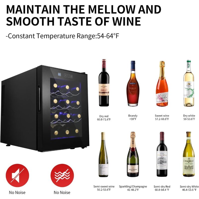 ثلاجة صغيرة مبرد نبيذ ، ثلاجة نبيذ 12 زجاجة ، مدمجة ، تحكم رقمي في درجة الحرارة ، تشغيل هادئ ، كهروحراري