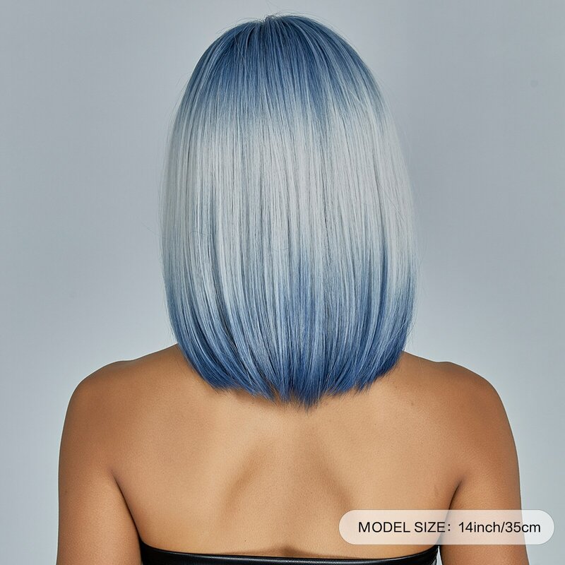 Medium Length Blue White Ombre Straight Synthetic Hair With Bangs Short Bob Cosplay Wig for Women Daily Party Heat Resistant