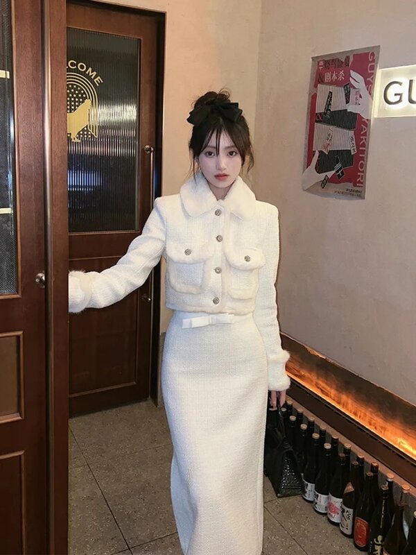 Miiiix Spicy Girl Retro Doll Neck Short Suit Coat Winter High Waist Casual Fashion Long Half Skirt Set of Two Female Clothing