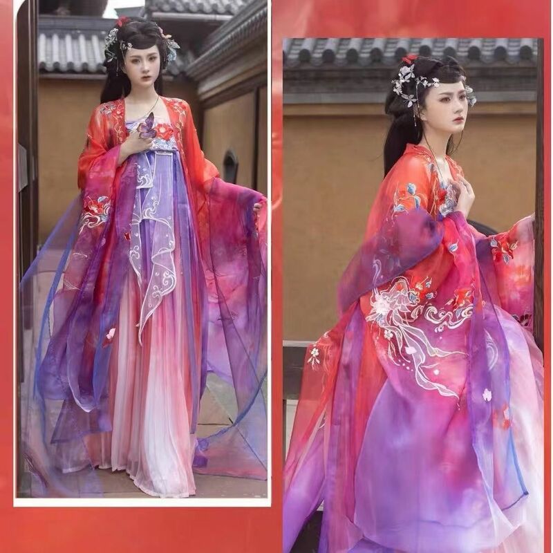 女性のためのhanfu刺繍プリーツスカートドレス、タングロングドレスビッグスリーブ、サマードレス、プライマリ色のグラデーション、中国の伝統的なスタイル