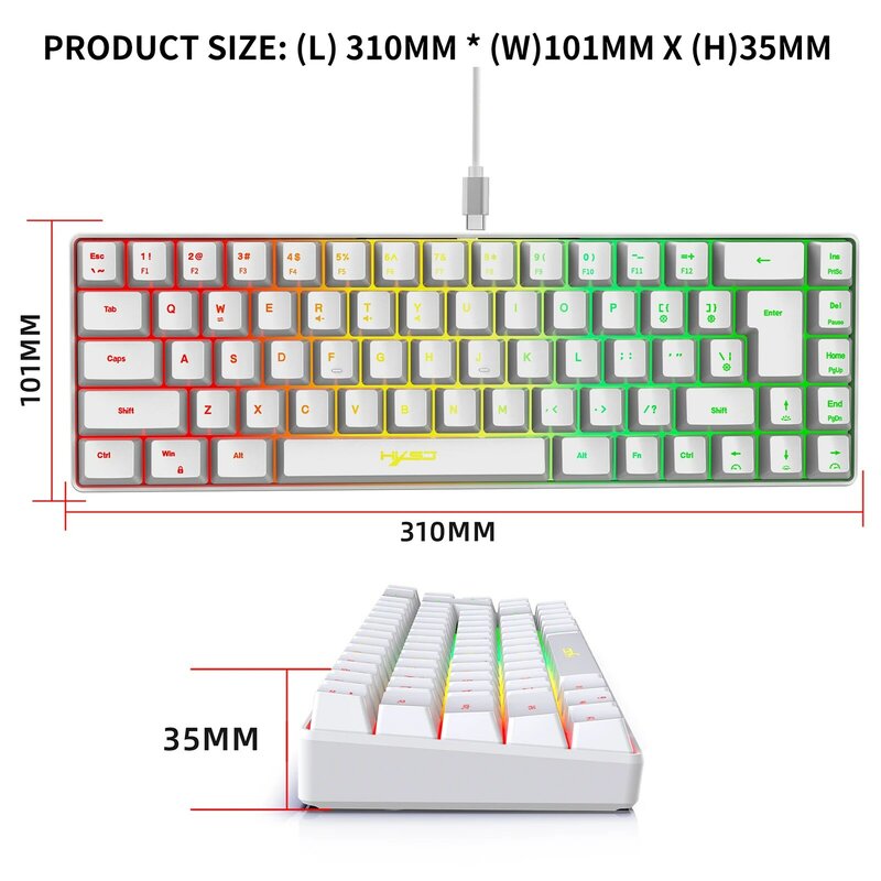 HXSJ V200 Keyboard Gaming Mini, RGB pita dengan kabel K68 19 kunci warna membran gratis konflik tetapi nuansa mekanis untuk Game/kantor