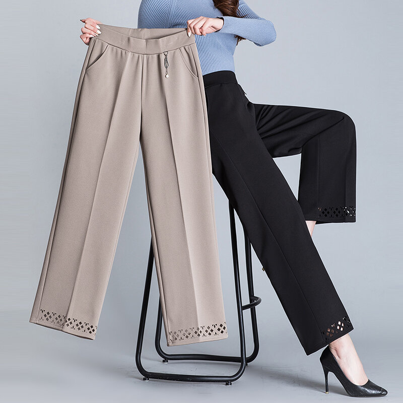 XL-6XL starsze kobiety w średnim wieku spodnie wiosna jesień Casual szerokie nogawki spodnie matka elastyczna talia prosta spodnie do kostek
