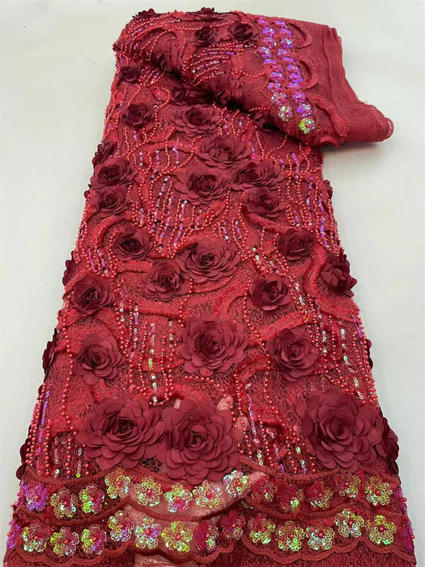 Kain renda manik-manik Afrika 2024 renda kualitas tinggi 5 yard kain renda payet bunga 3D Nigeria Prancis untuk gaun pesta pernikahan