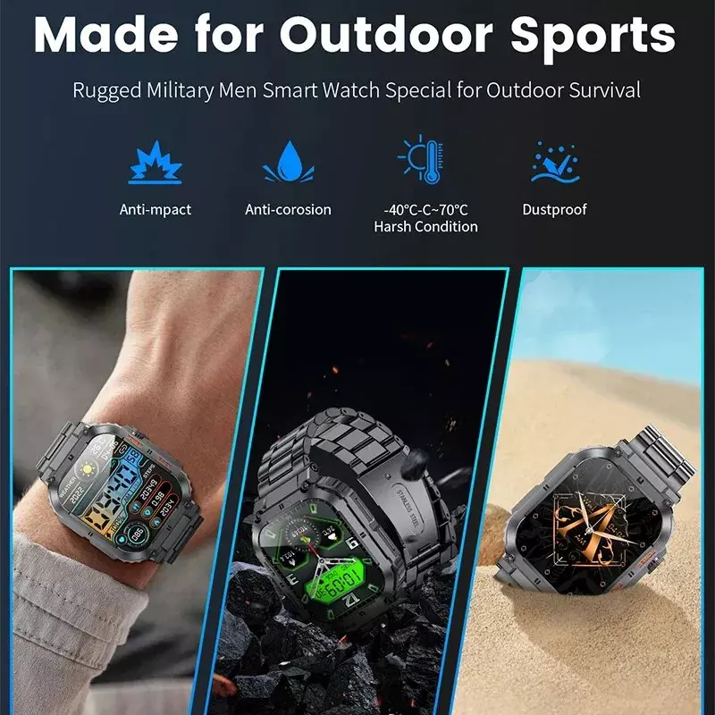 アウトドアスポーツ用フィットネススマートウォッチ、1.96インチスクリーン、Bluetooth通話、防水時計、血中酸素
