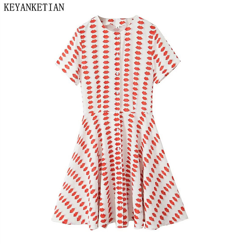 فستان قصير بطبعة شفاه للنساء من Keyanketian ، طراز كلاسيكي ، رقبة دائرية ، بصف واحد ، مرقع ، نحيف ، كم قصير ، إطلاق جديد ،