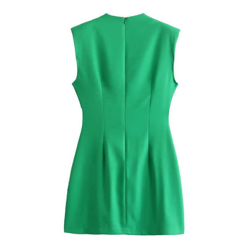 Keyanketian-Mini vestido feminino sem mangas com zíper traseiro, gola O, verde fino, sem mangas, almofada de ombro, moda verão, novo lançamento, 2022