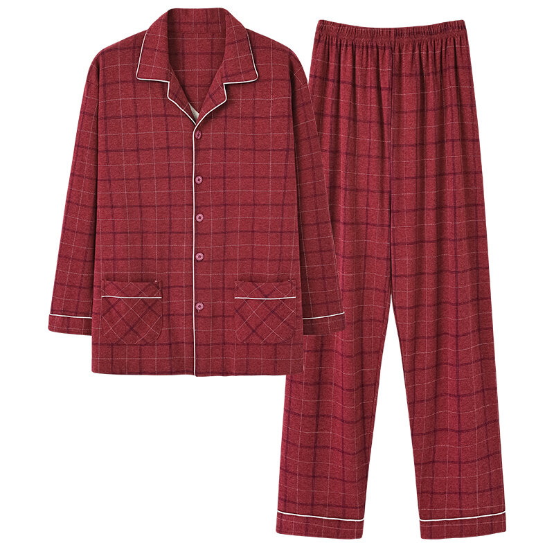 남성용 풀 코튼 잠옷, 2 피스 라운지 잠옷, 격자 무늬 가을 침구, 홈 의류, 남자 PJs 버튼 카디건 잠옷, 4XL