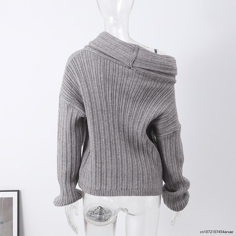 Fashion Slash Neck Sweater Women Streer Loose Long Sleeve Female Knit  Jumpers 2024 Autumn Casual Solid Lady Chic Knitwear