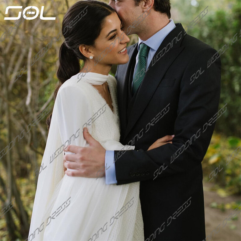 SOL Andar de comprimento Vestidos de casamento sereia, elegante cetim vestidos nupciais, mangas compridas, Halter V Neck, simples