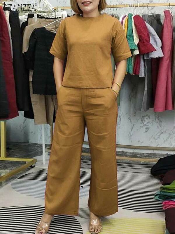 Костюм ZANZEA женский летний из 2 предметов, офисный комплект из блузки с коротким рукавом и брюк, модный городской спортивный костюм, 2024