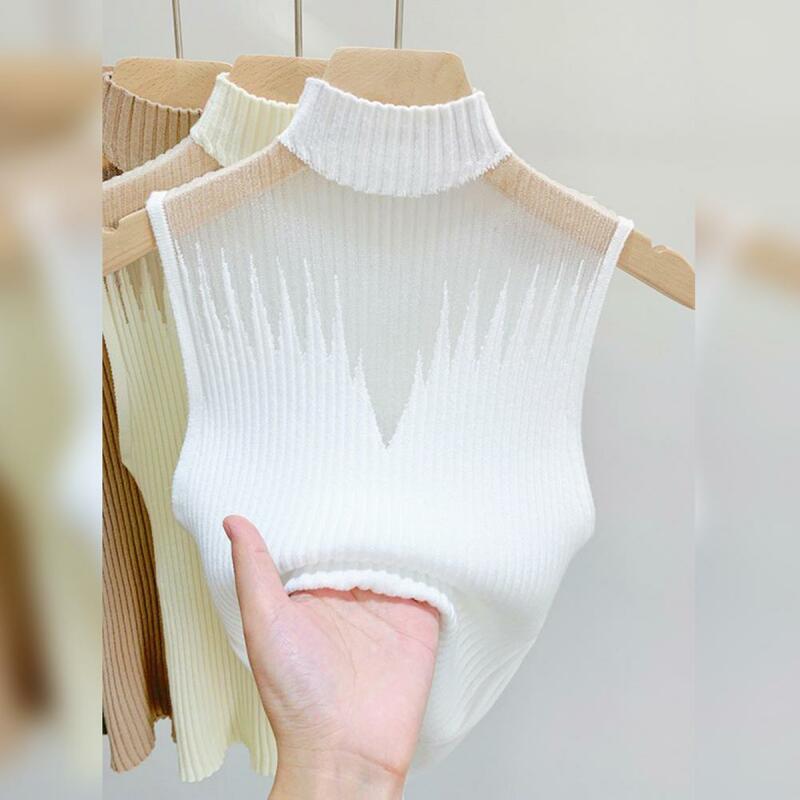 Sleeveless Knit Top Elegant Women's Knitted Mesh Patchwork Tank Top Sleeveless Soft Pullover Half-high Collar Solid Color Summer
