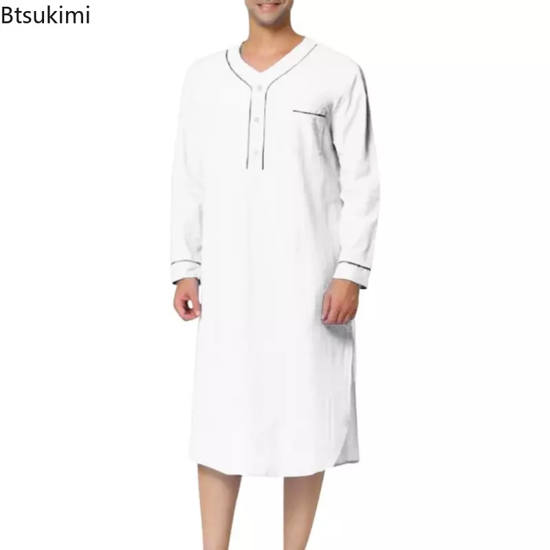Nieuwe 2024 Mannen Jubba Thobe Effen Kleur Pyjama Mode Effen Losse Moslim Gewaad Lange Mouwen Nachthemd Badjassen Heren Moslim Kaftan