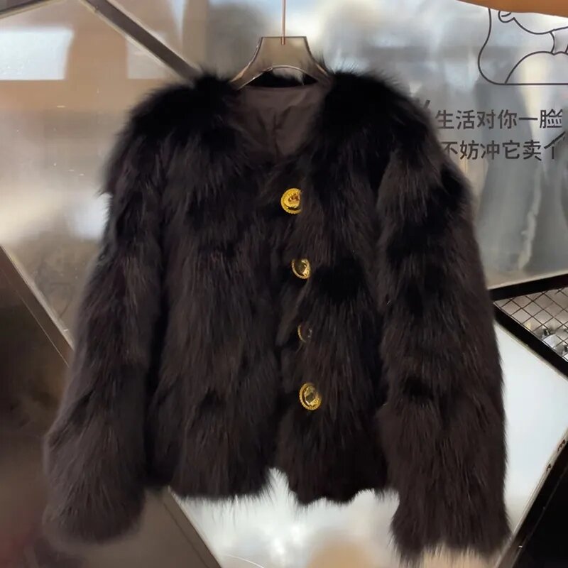 Manteau en fausse fourrure pour femmes, automne hiver 2022, nouvelle veste en fausse fourrure de renard, en peluche, haut de gamme, court, ample, épais, vêtements d'extérieur décontractés