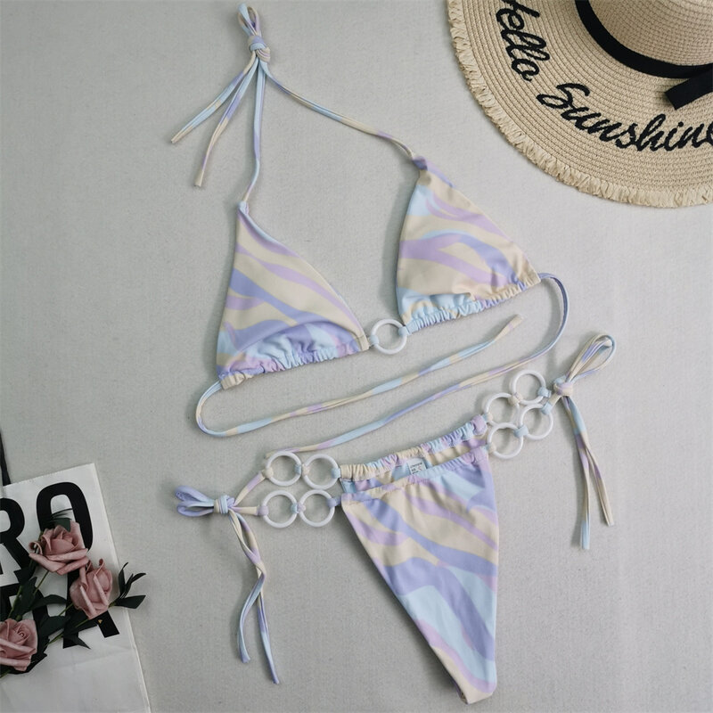 Y2K bikini con estampado de cuerdas para mujer, traje de baño de dos piezas con Tanga triangular, Sexy, brasileño, para playa