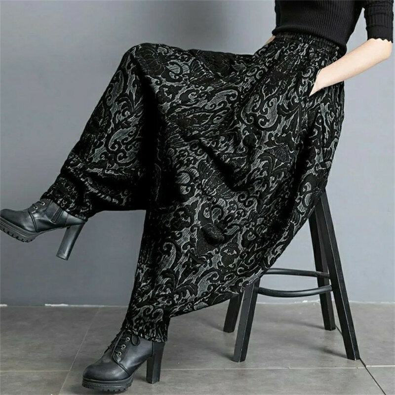 New Draping Autumn Winter Jacquard Bloomers Women Casual Loose Thicken Warm High Waist Vintage Wide Leg Harlan Pants Mom Pants