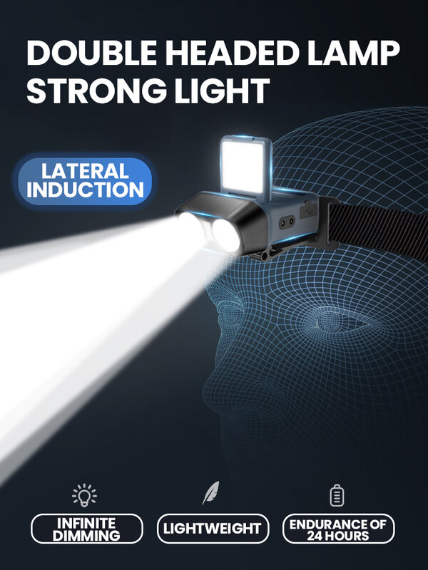 Lampu kepala LED sangat terang, senter kepala Sensor cahaya dapat diisi ulang tahan air, lampu berkemah memancing