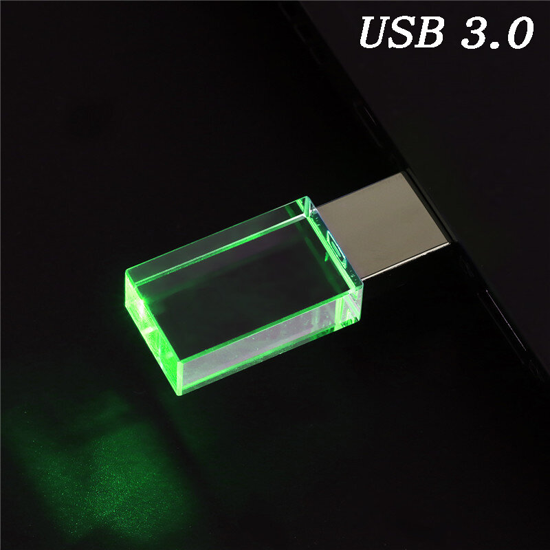 JASTER hadiah kreatif Kristal USB 3.0 Flash Drive 128GB gratis kustom Logo PenDrive 64GB kristal dengan warna lampu LED Stik USB 32G