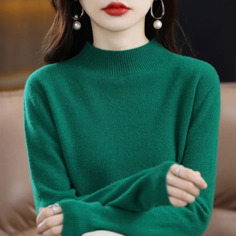 Women's Clothing Sweater autumn winter new half high neckline loose long sleeved pullover inner women's knitted bottom Pullovers