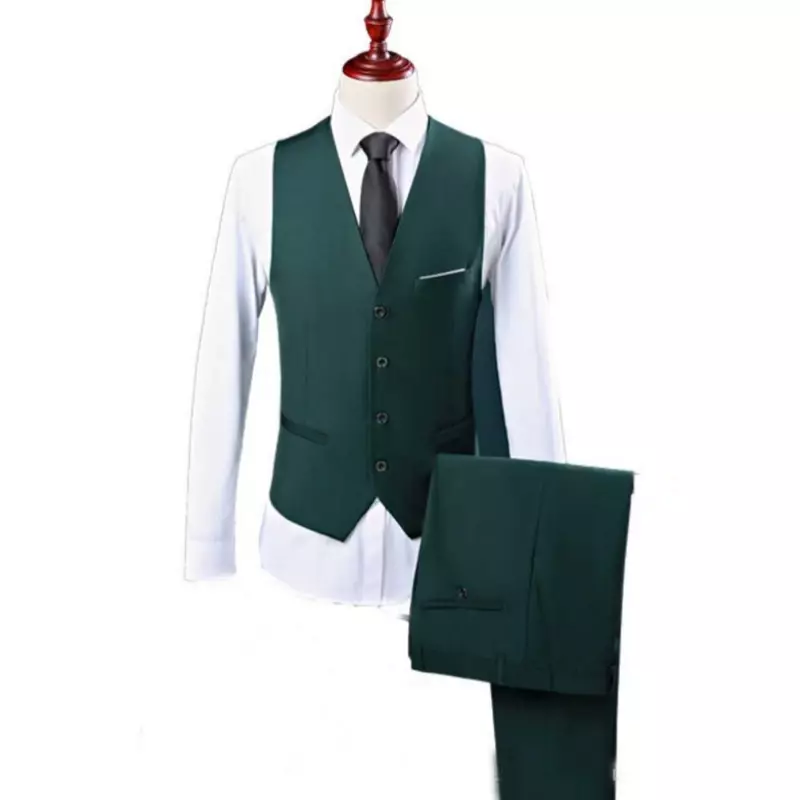 Men Suit 3 Pieces Army Green Flat Collar Business And Leisure Groomsman Wedding Banquet  Tuxedo Jacket Vest With Pants
