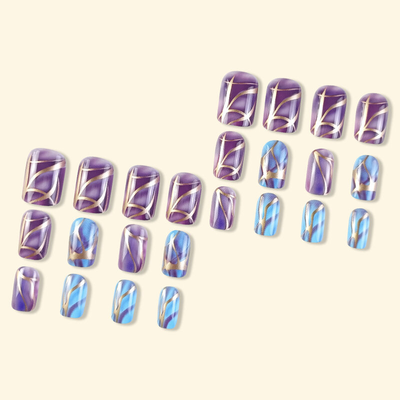 Uñas postizas de bailarina de longitud media, uñas postizas francesas azules y púrpuras, cubierta completa, presione en las uñas, puntas de uñas de cubierta completa, 24 unids/lote por caja