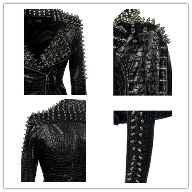 Модная Женская Клубная приталенная куртка SX в западном стиле, с заклепками на плечах, с застежкой-молнией, короткая искусственная кожа