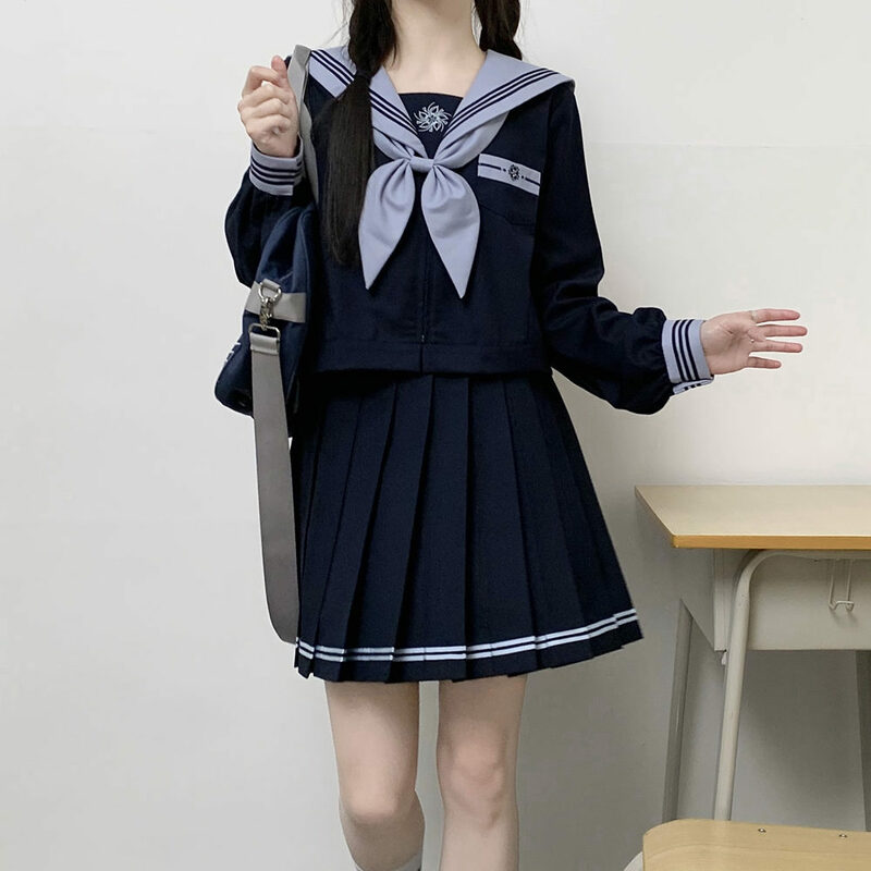 زي طالبات المدارس اليابانية ، بدلات بحار بحرية من ثلاثة خطوط ، تنورة مطوي ، أزياء أنيمي نسائية ، ملابس التخرج الأساسية ، Jk