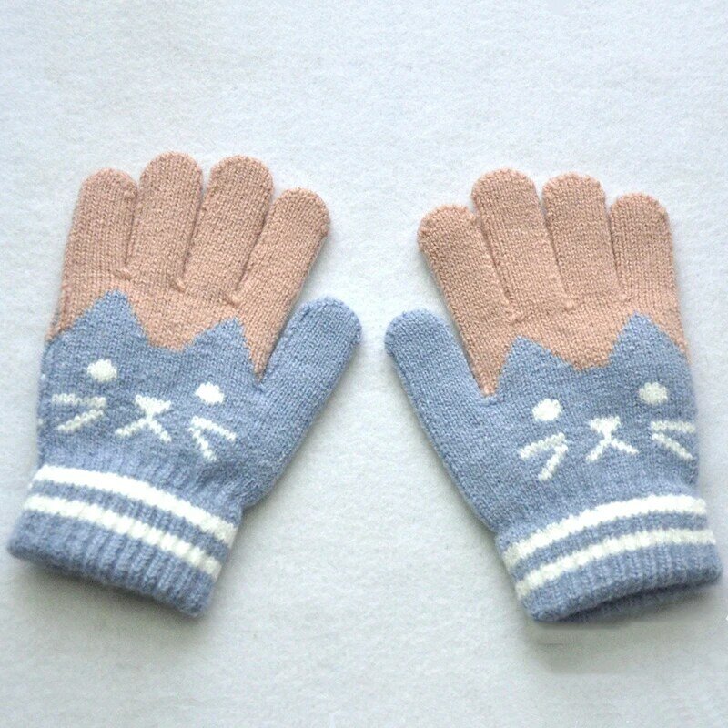 Милые Детские утепленные теплые перчатки для студентов Зимние Новые Вязаные варежки с котом наружные вязаные велосипедные лыжные перчатки