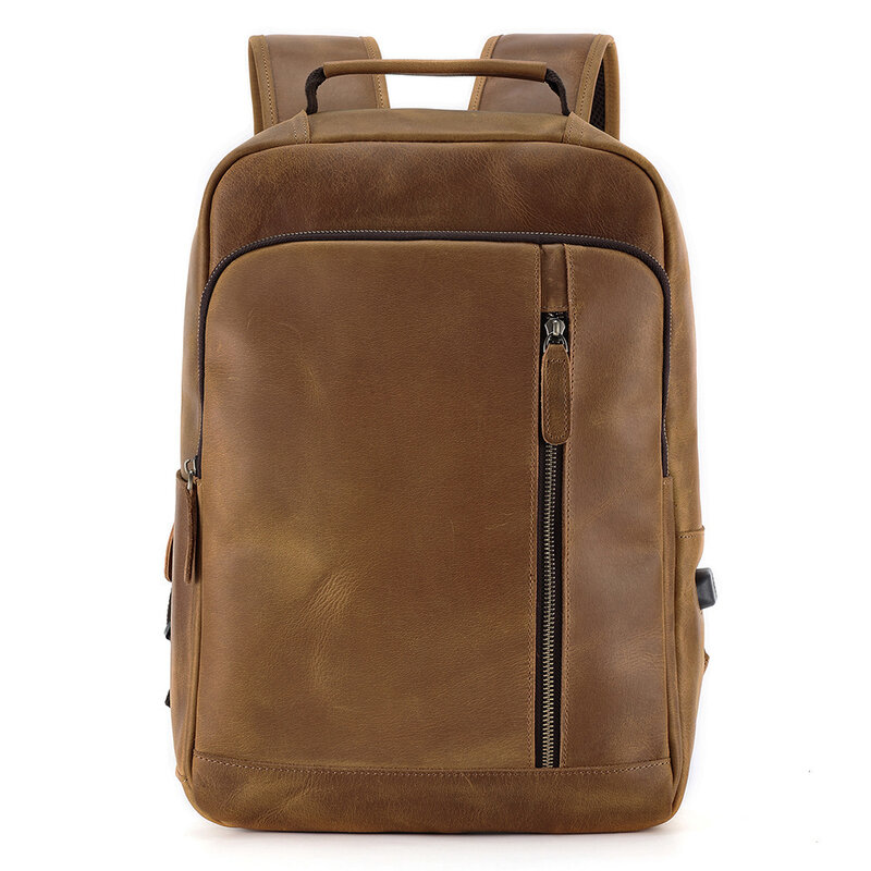 Mochila de couro genuíno para homens, laptop com carregamento USB, mochila de viagem casual, smart schoolbag, 15,6"