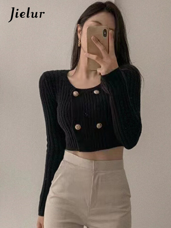 Jielur Autumn French Solid Color Women Pullovers Casual Loose Slim Chic Pullovers Woman White Black Red Knitted Sweaters Female