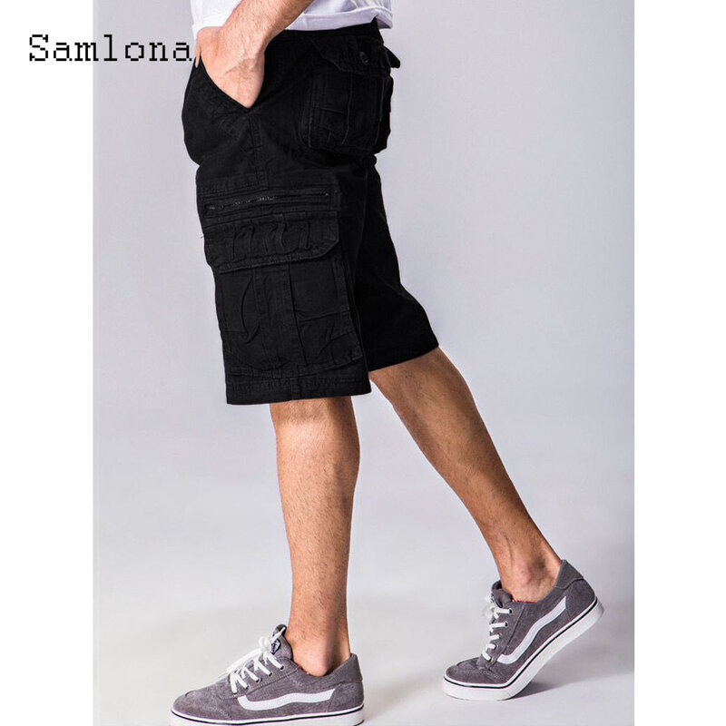 Celana pendek dasar pria, gaya kesederhanaan pria ukuran besar bawahan selutut kasual Retro berdiri saku celana pendek musim panas 2023