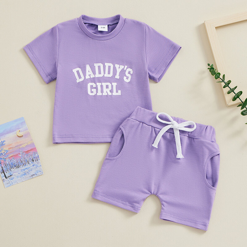 Детский летний комплект из 2-х предметов, футболка с коротким рукавом и буквенным принтом и шорты с эластичным поясом для маленьких девочек