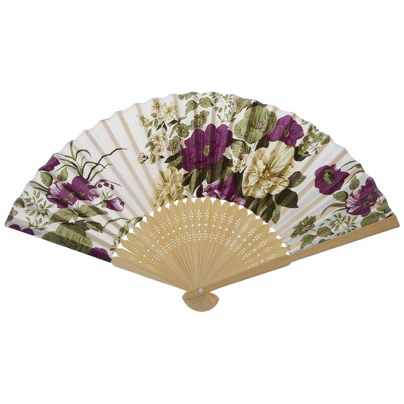 Women's Summer Wedding Floral Pattern Fabric Folding Hand Fan White Purple
