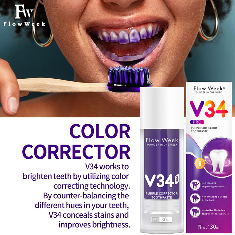 FlowWeek Smilekit V34 fioletowa pasta do zębów korektor koloru zębów do wybielania zębów zmniejsza żółknięcie czyszczenia zębów