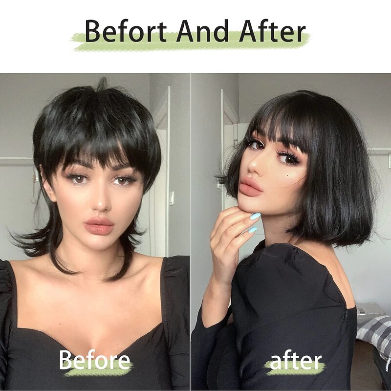 Natural Looking Black Wig with Bangs Short Straight Bob Wigs for Women 10 Inch Synthetic Hair Replacement Wigs