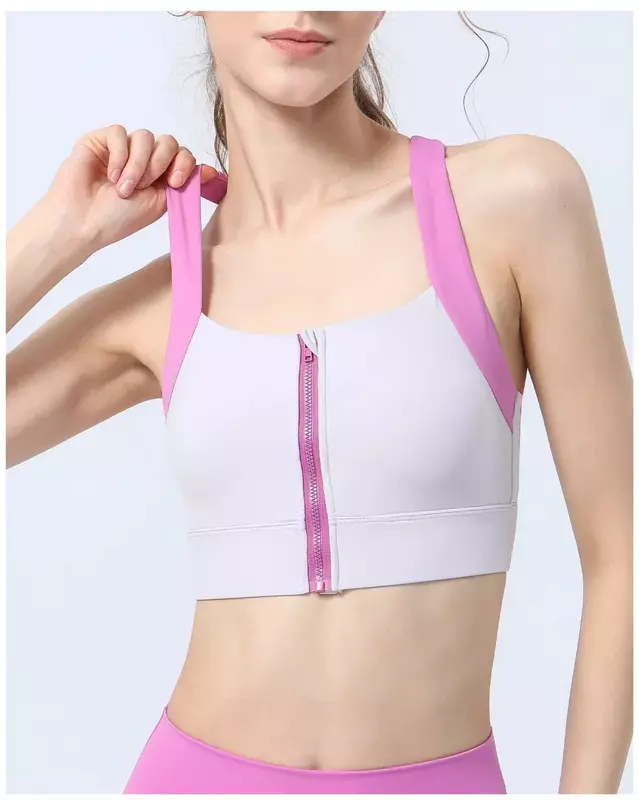 Women's Contrast Zipper Yoga Clothes I-shaped Beautiful Back Sports Bra Outside Running Fitness Vest With Chest Pad